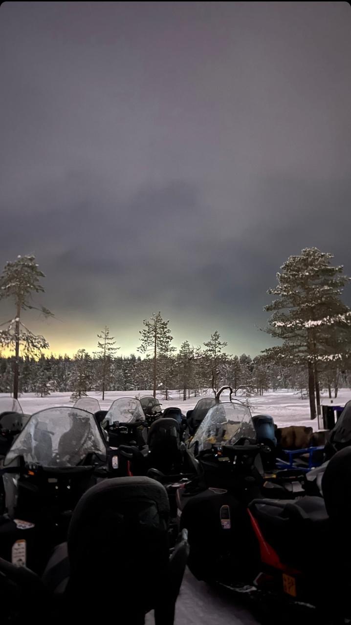 Snowmobiles gathered beneath a winter sky